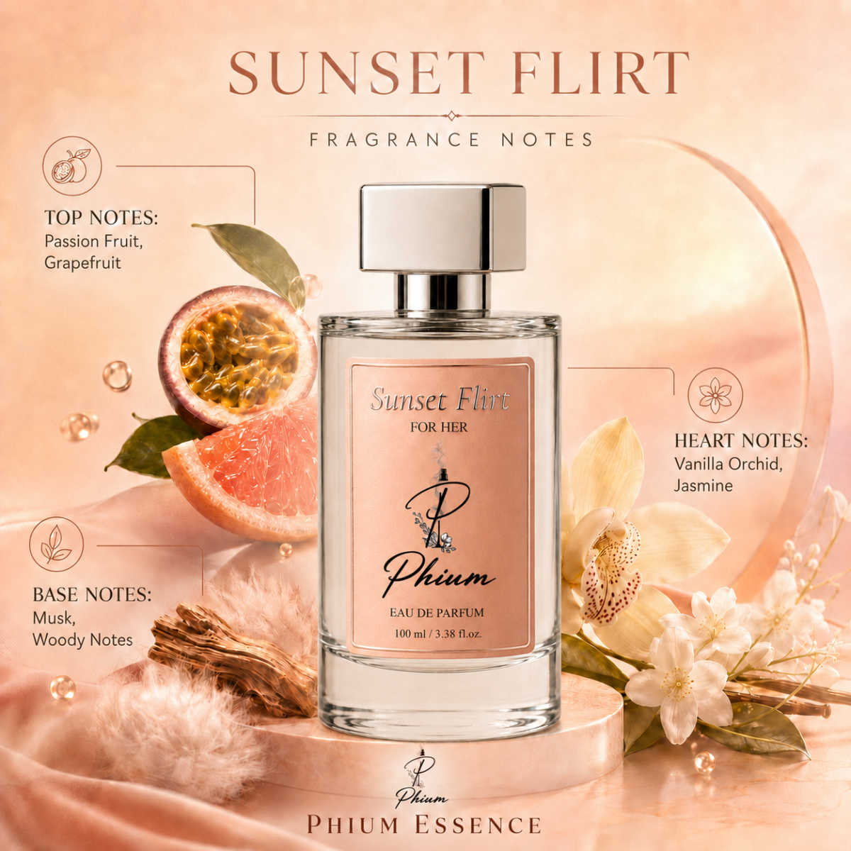 Sunset Flirt fragrance notes with passion fruit, grapefruit, vanilla orchid, jasmine, musk and woody notes