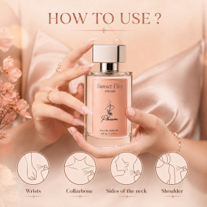 How to apply Sunset Flirt perfume to wrists, collarbone, neck and shoulders