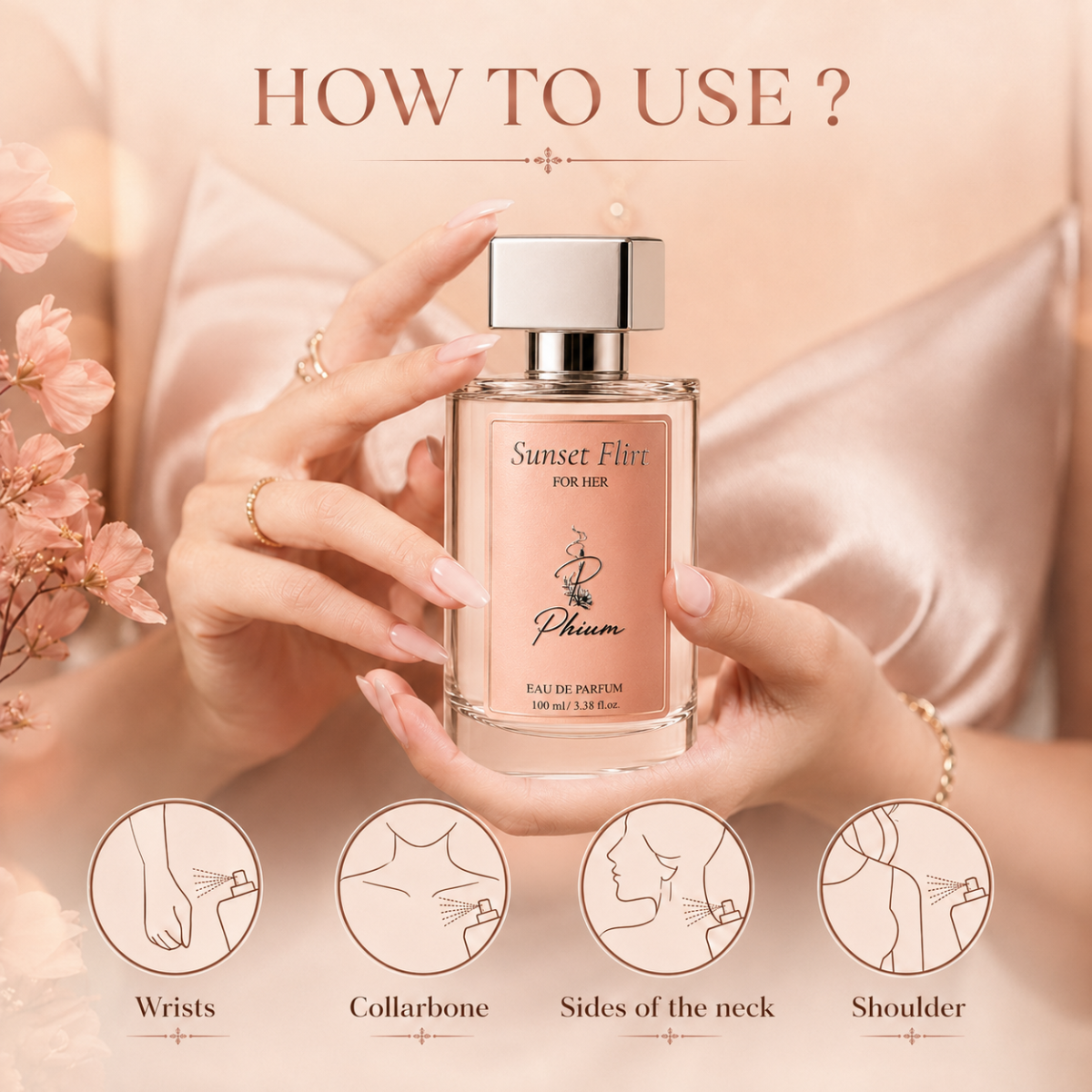 How to apply Sunset Flirt perfume to wrists, collarbone, neck and shoulders