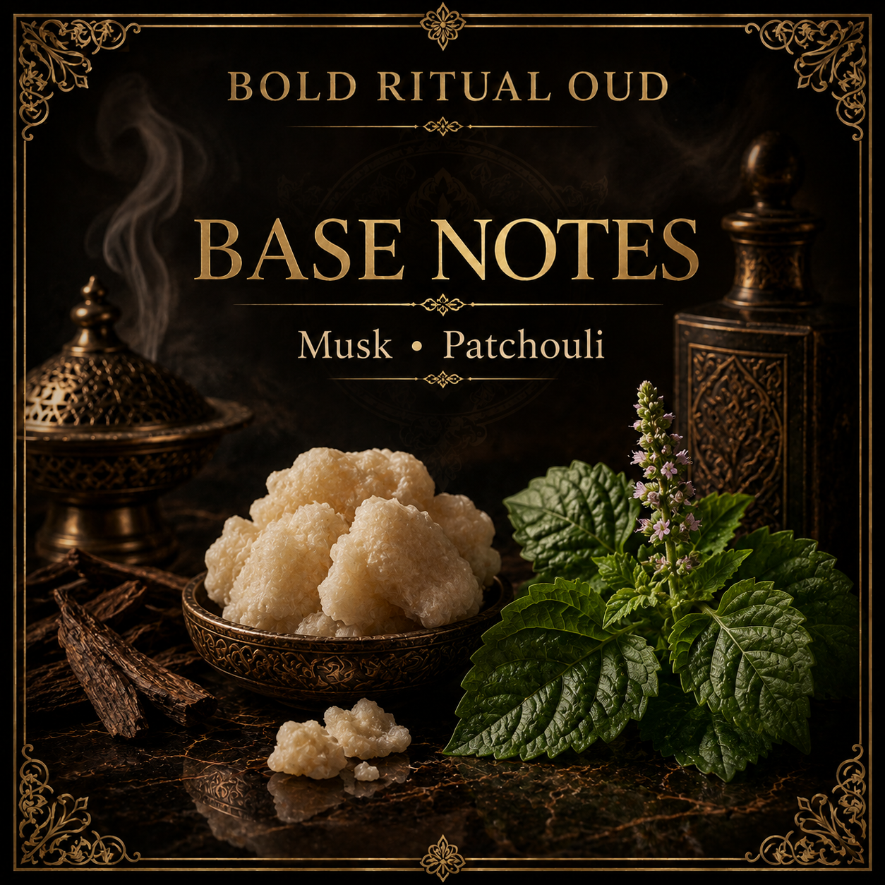 Musk and patchouli base notes in Bold Ritual Oud