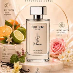 Rebel Energy fragrance notes with orange, bergamot, Turkish rose, jasmine, patchouli and vanilla