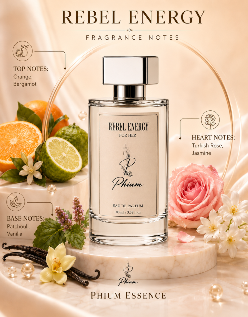 Rebel Energy fragrance notes with orange, bergamot, Turkish rose, jasmine, patchouli and vanilla
