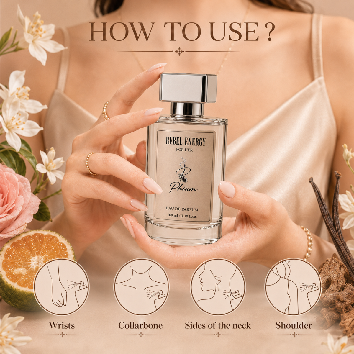 How to apply Rebel Energy perfume to wrists, collarbone, neck and shoulders