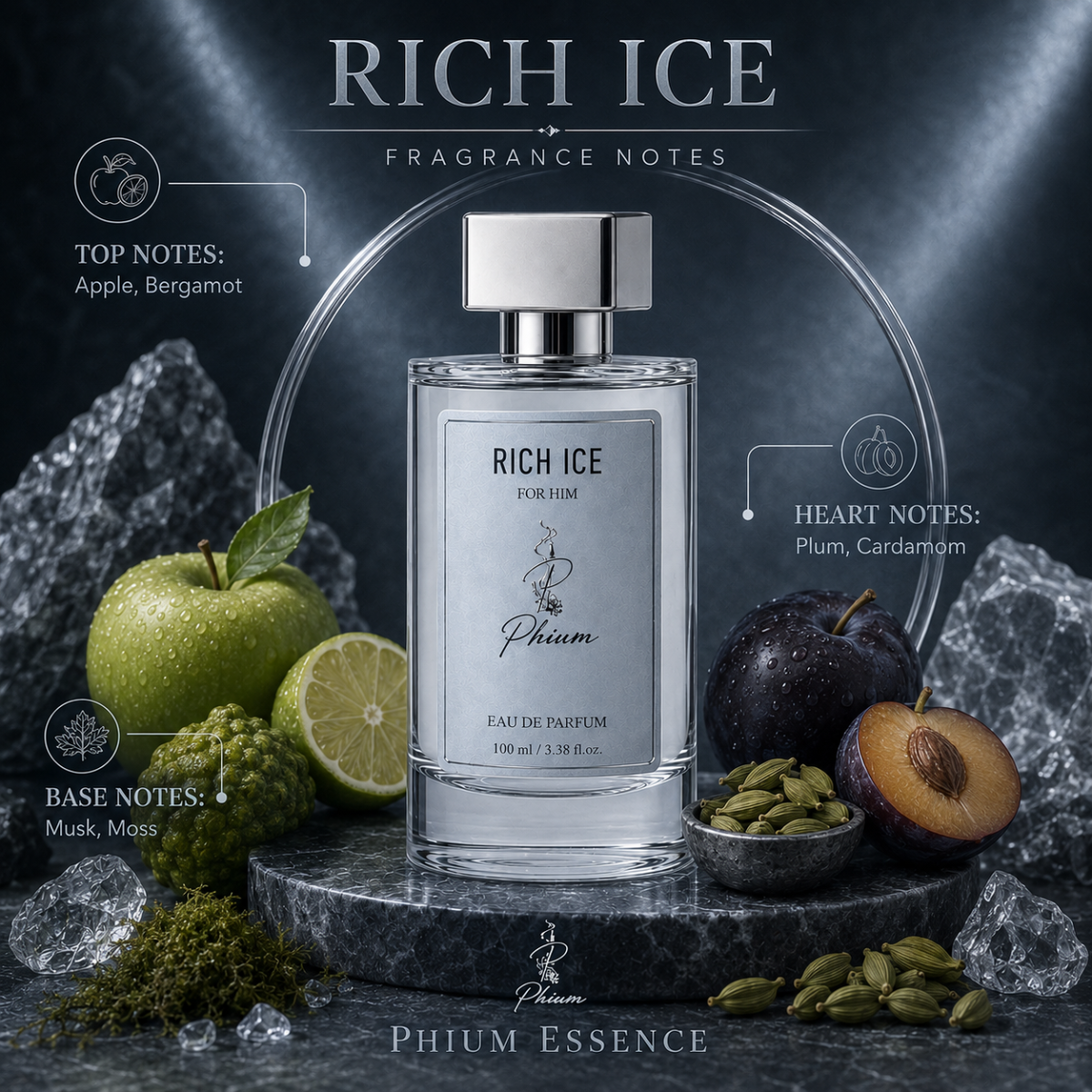 Rich Ice-2 Rich Ice fragrance notes with apple, bergamot, plum, cardamom, musk and moss