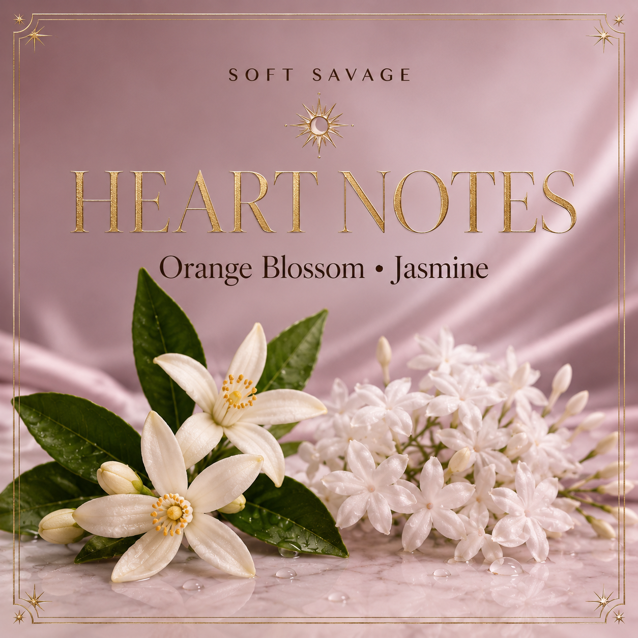 Orange blossom and jasmine heart notes in Soft Savage