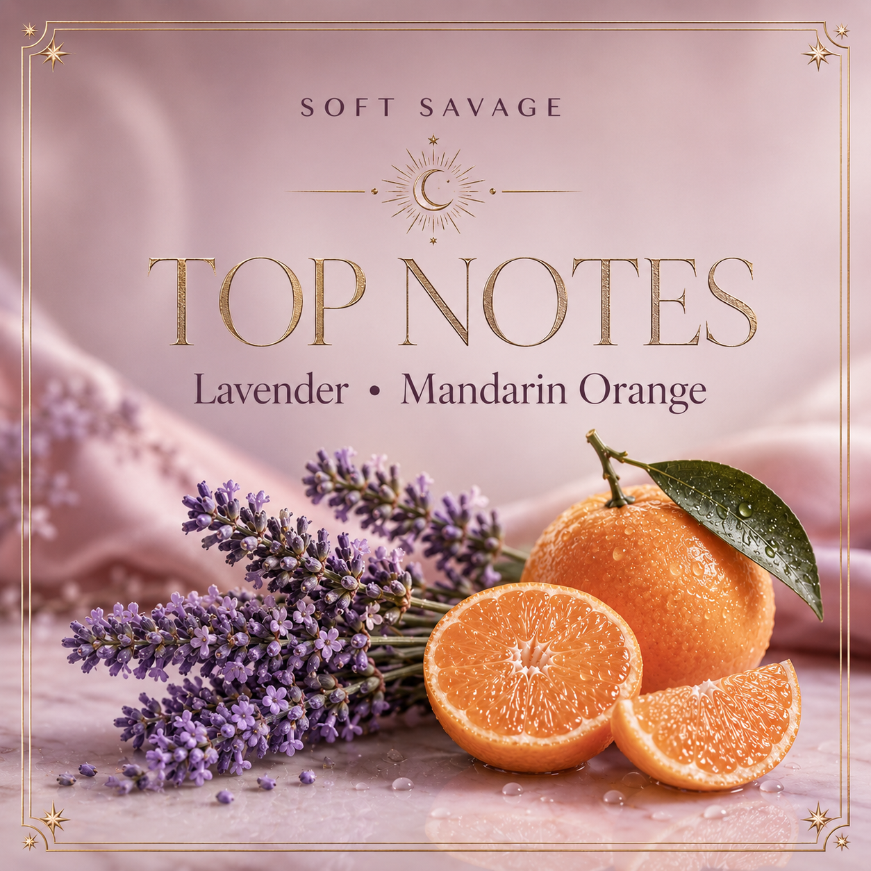 Lavender and mandarin orange top notes in Soft Savage