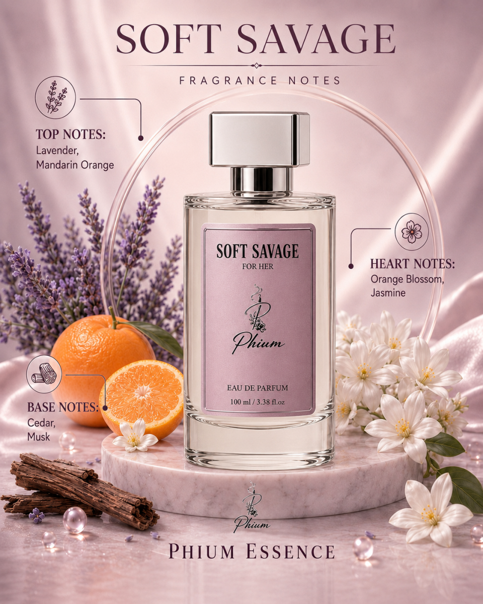 Soft Savage fragrance notes with lavender, mandarin orange, orange blossom, jasmine, cedar and musk