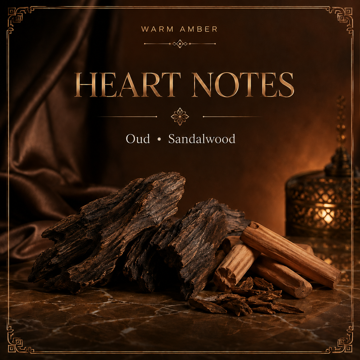 Oud and sandalwood heart notes in Warm Amber